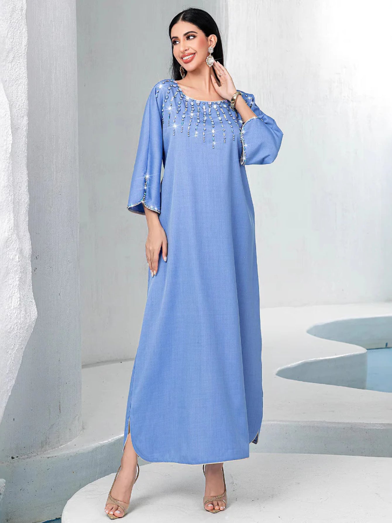 15166 new fog blue square neck loose hand-sewn diamond dress arabic robe