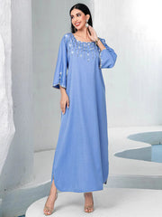 15166 new fog blue square neck loose hand-sewn diamond dress arabic robe