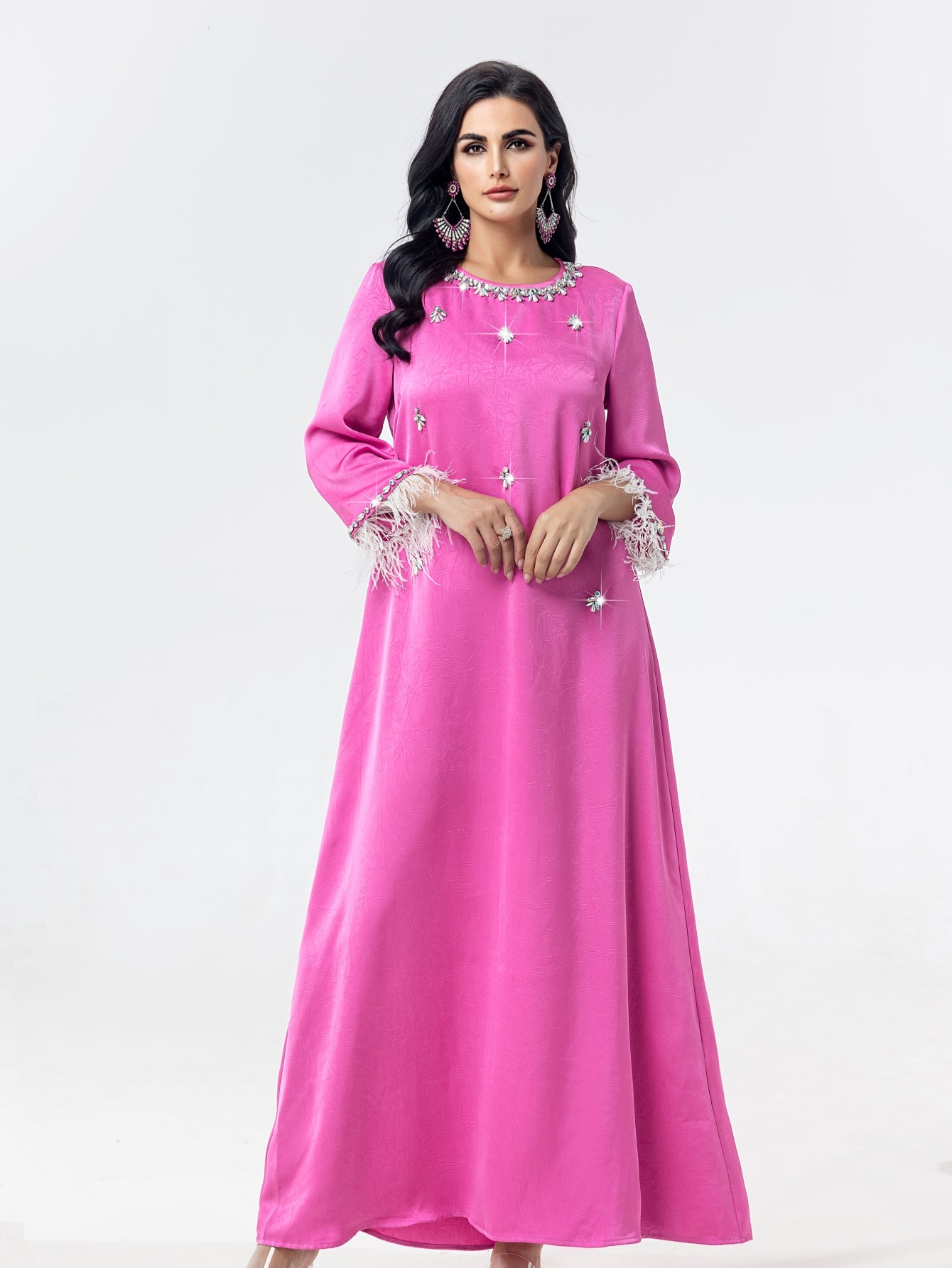 15090 light luxury satin bead splicing feather explosion small fragrant dress thin robe