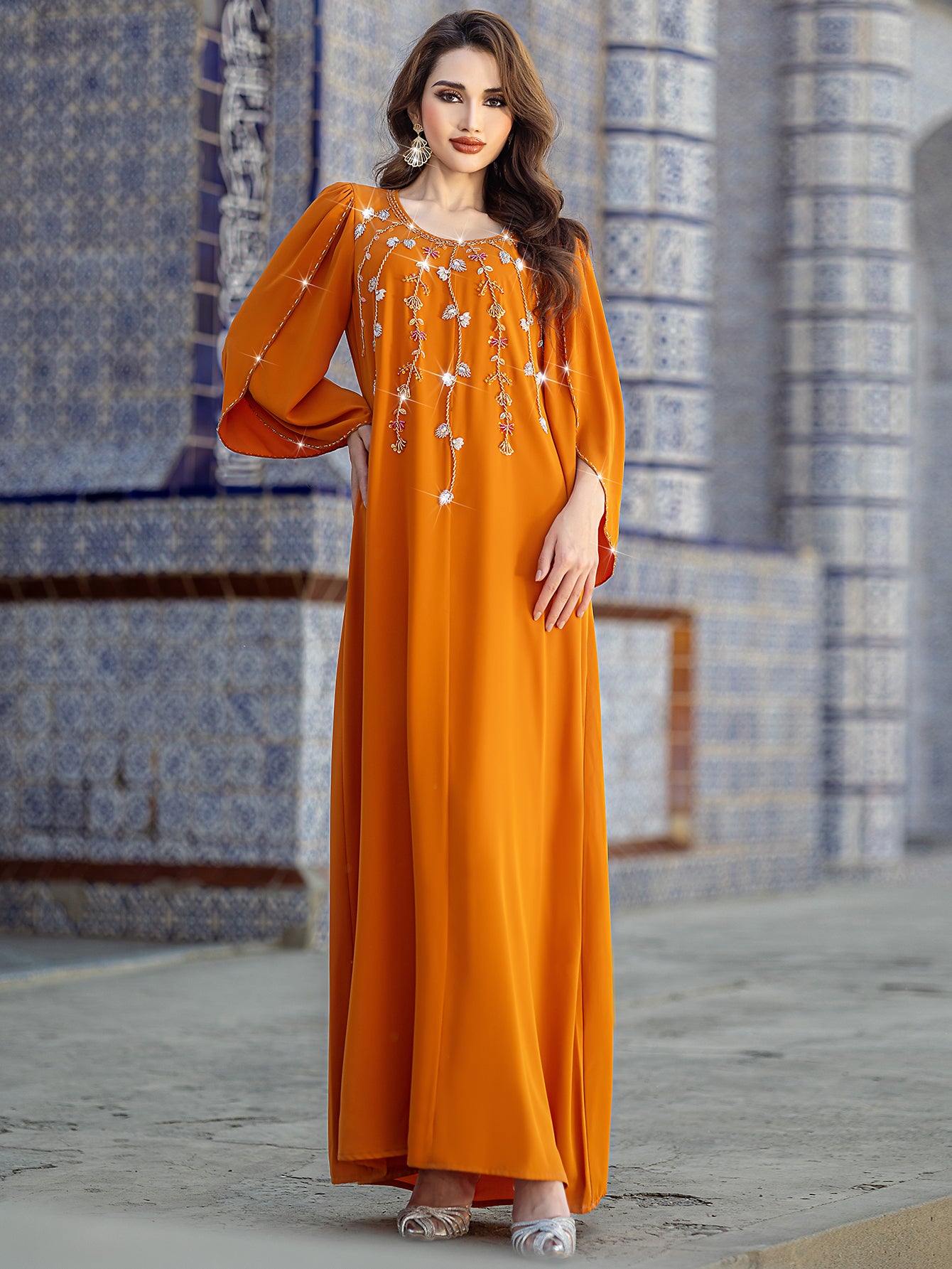 5204 Sunset Orange Arabic Abaya Dress | Round Neck Beaded Gown with Bell Sleeves & Intricate Embroidery