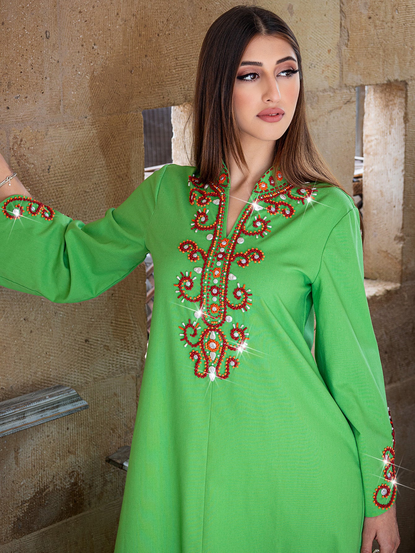 15004 New High-end Rice Bead Embroidery Fashion Dress Abaya Spot Robe Dress