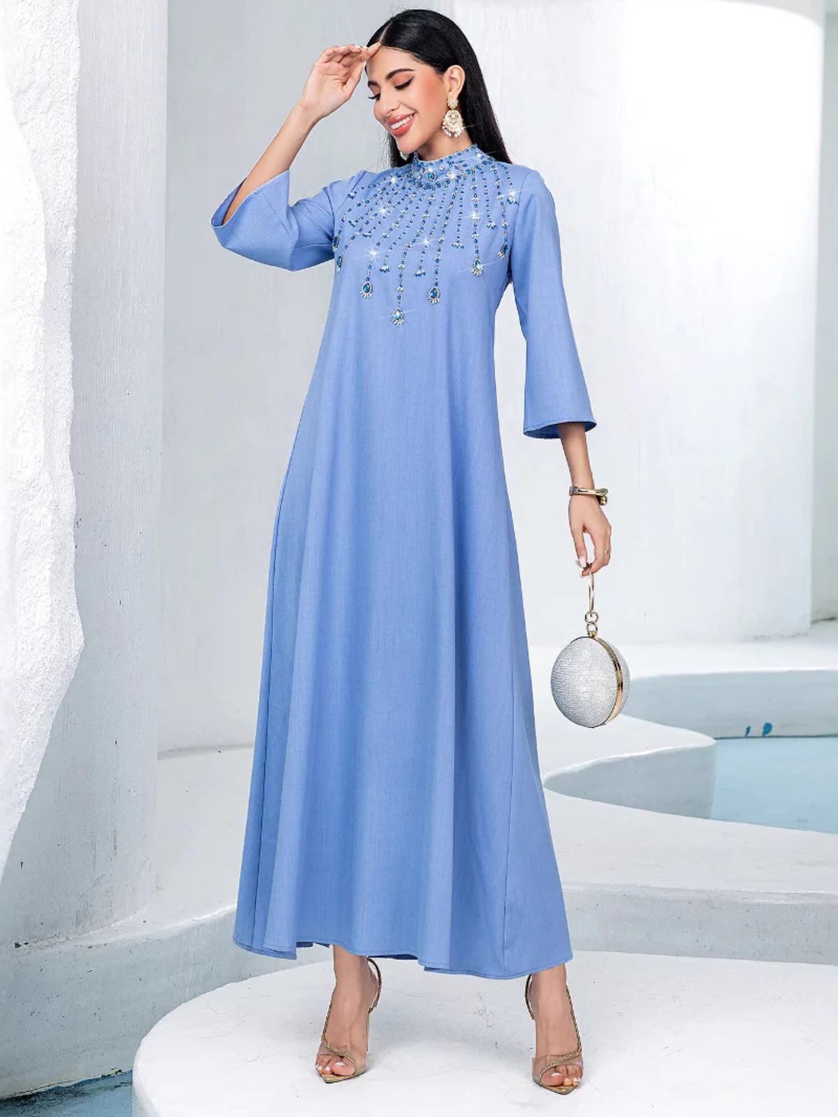 Blue Rhinestone High-Neck A-Line Dress