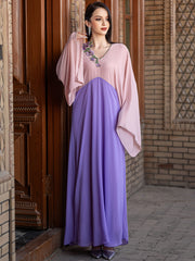 5220Pink & Purple Two-Tone Abaya Dress | Arabic V-Neck Floral Embroidery Gown with Wide Sleeves