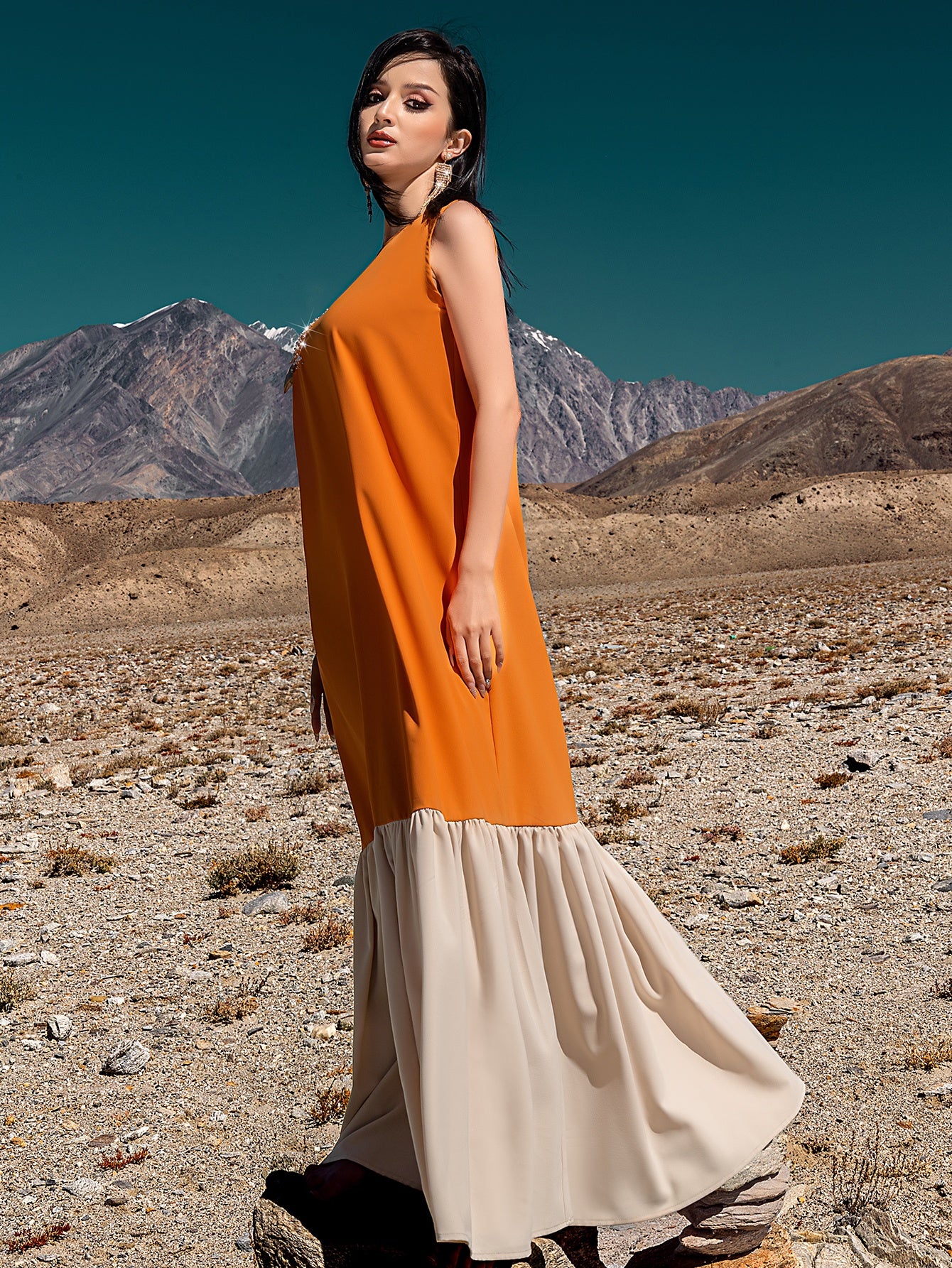 5238Arabic Orange Abaya Dress | Cream & Crystal Embroidered Gown for Special Occasions