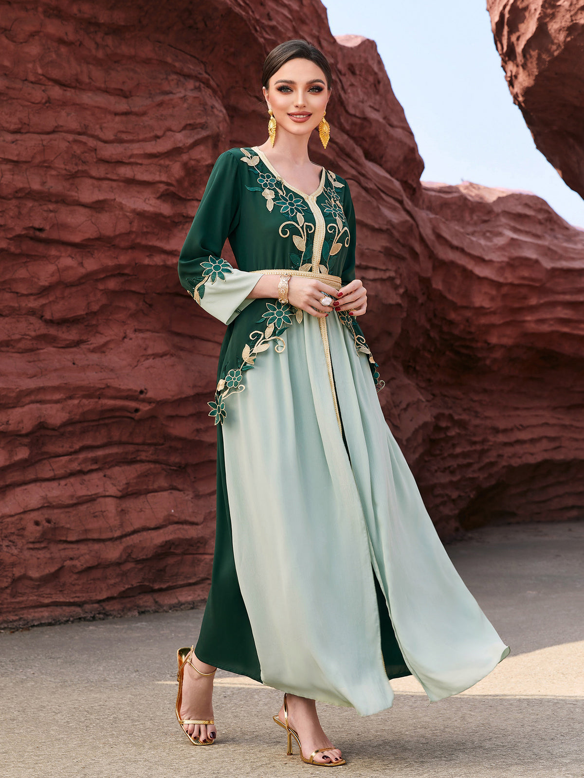 4051 Hand-Swen Bead Embellshments Rhinestone Long Abaya,  Elegant Modest Rmantic Glamorous Vacation Fantasy  Long Sleeve