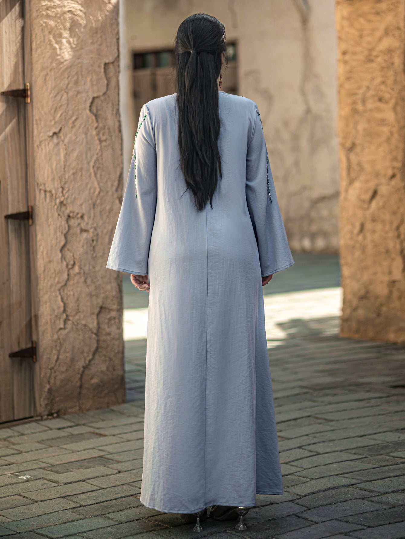 4124 Middle Eastern Style Light Blue Embroidered Loose Sleeve V-Neck Maxi Dress - Elegant Sparkling Decorated Gown
