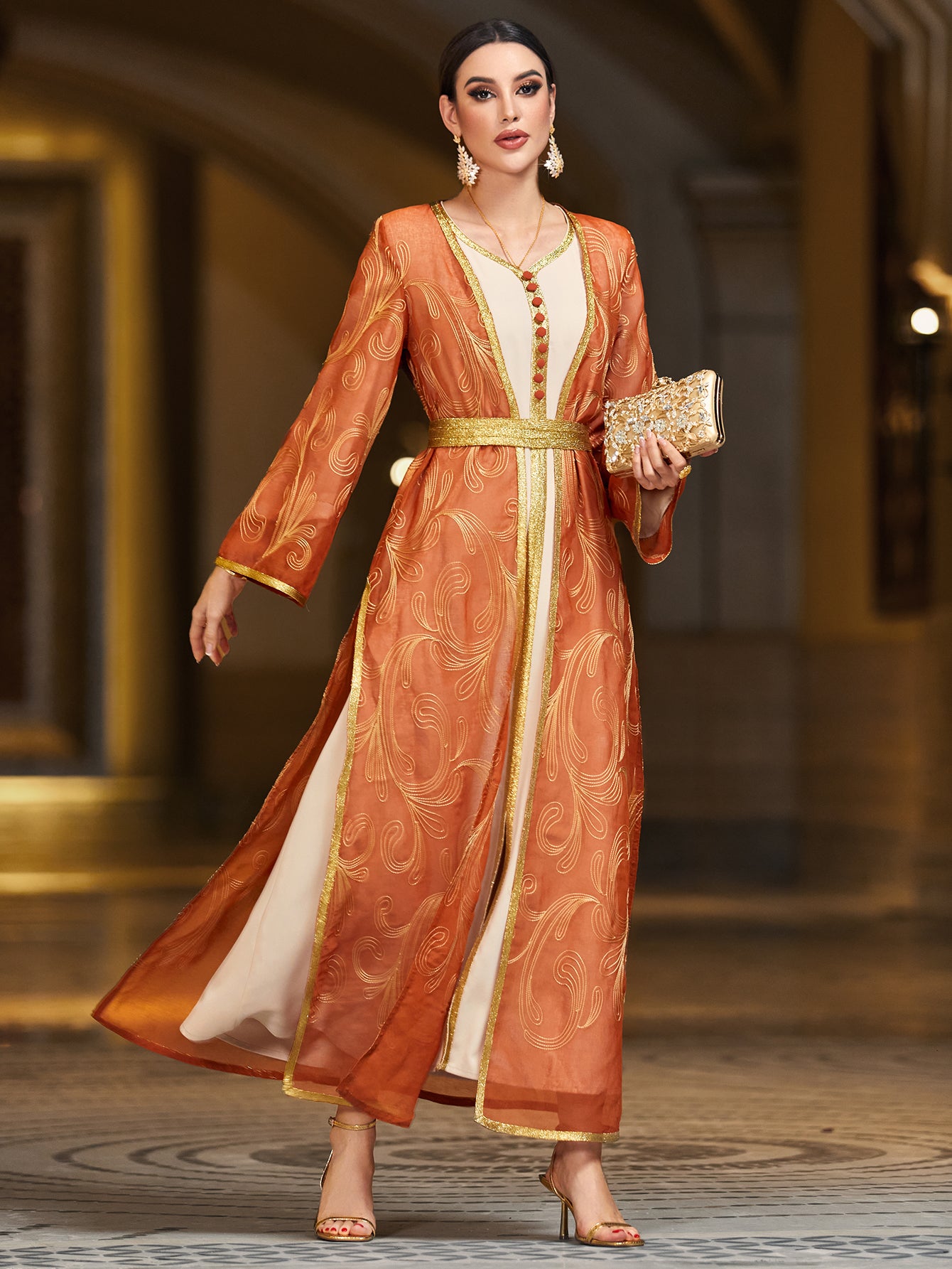 4103 Middle Eastern Style Orange Gold-Trimmed Printed Long Sleeve Belted Two-Piece Maxi Dress - Elegant Contrast Decorated Gown