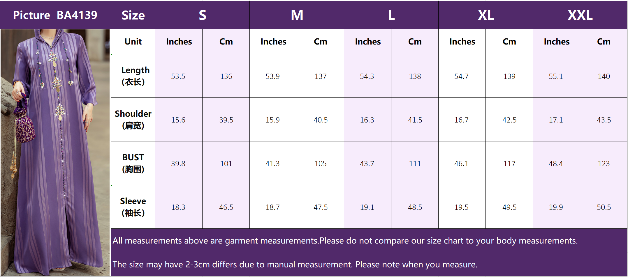 4139 Middle Eastern Style Purple Striped Rhinestone Bead Embellished Bell Sleeves Maxi Dress - Elegant Decorated Abaya Gown