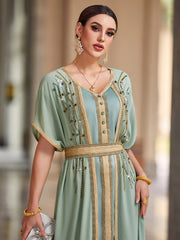 4033 Middle Eastern Style Light Green Gold-Embellished Short Sleeve Maxi Dress - Elegant Belted Slit Pseudotwo-Piece Gown