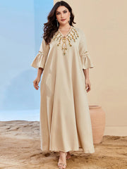 BA3036 New apricot V-neck horn-sleeved dress fashionable Middle Eastern, European and American large-size women's clothing