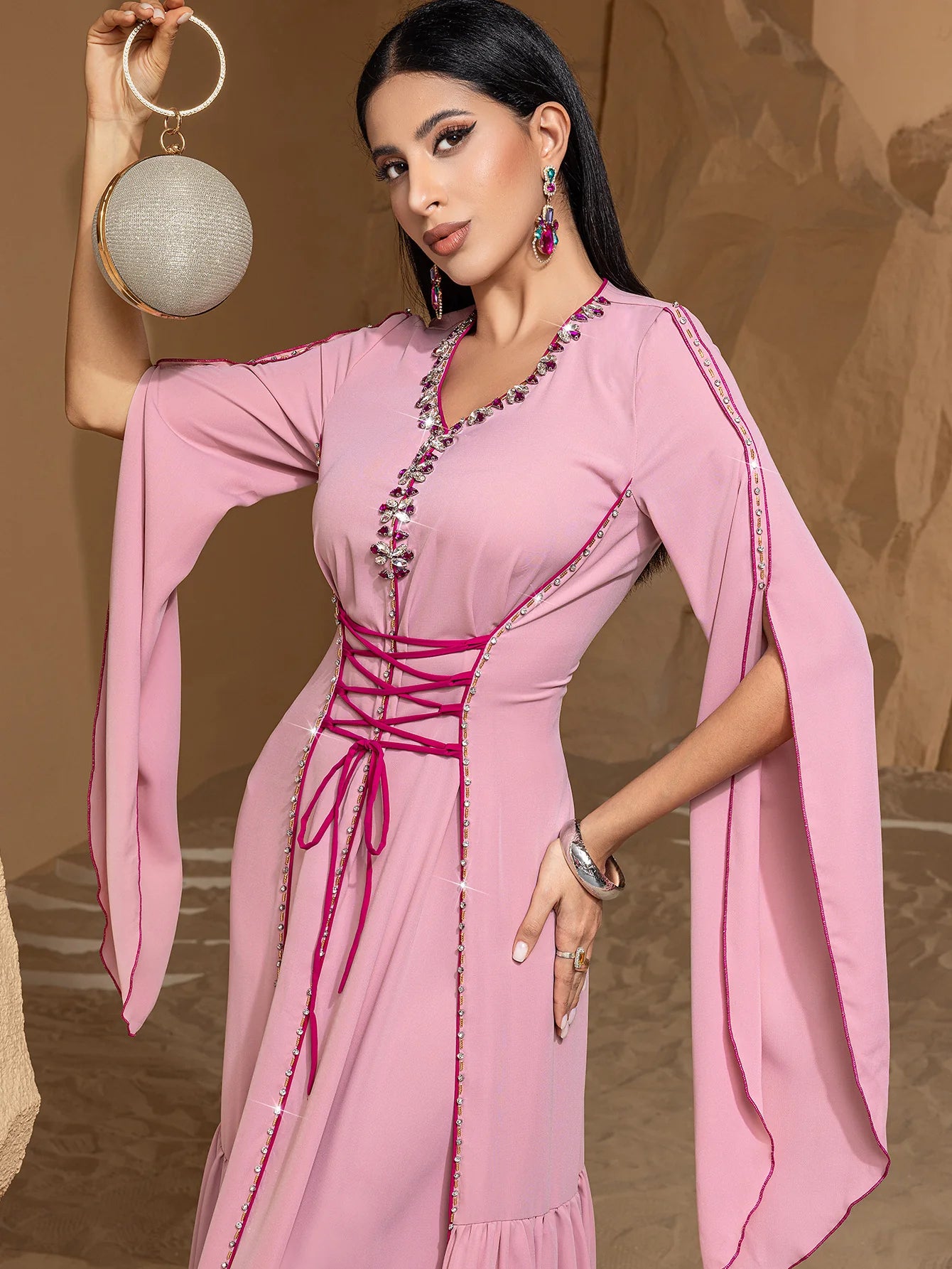 BA5039 Lace-Up Flared-Sleeve Dress