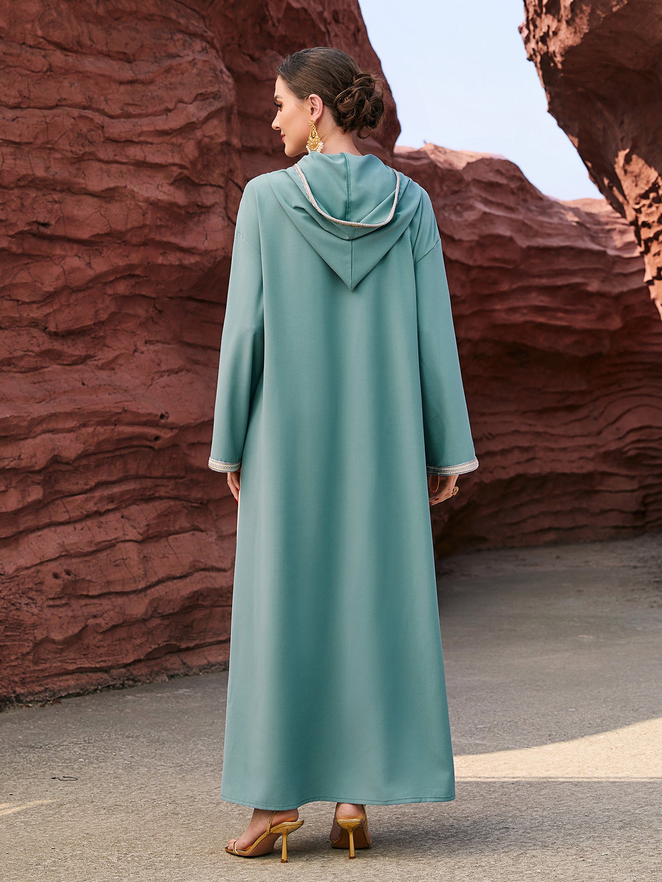 4012 Middle Eastern Style Color-Block Hooded Maxi Dress - Turquoise Beige Embellished Long Gown