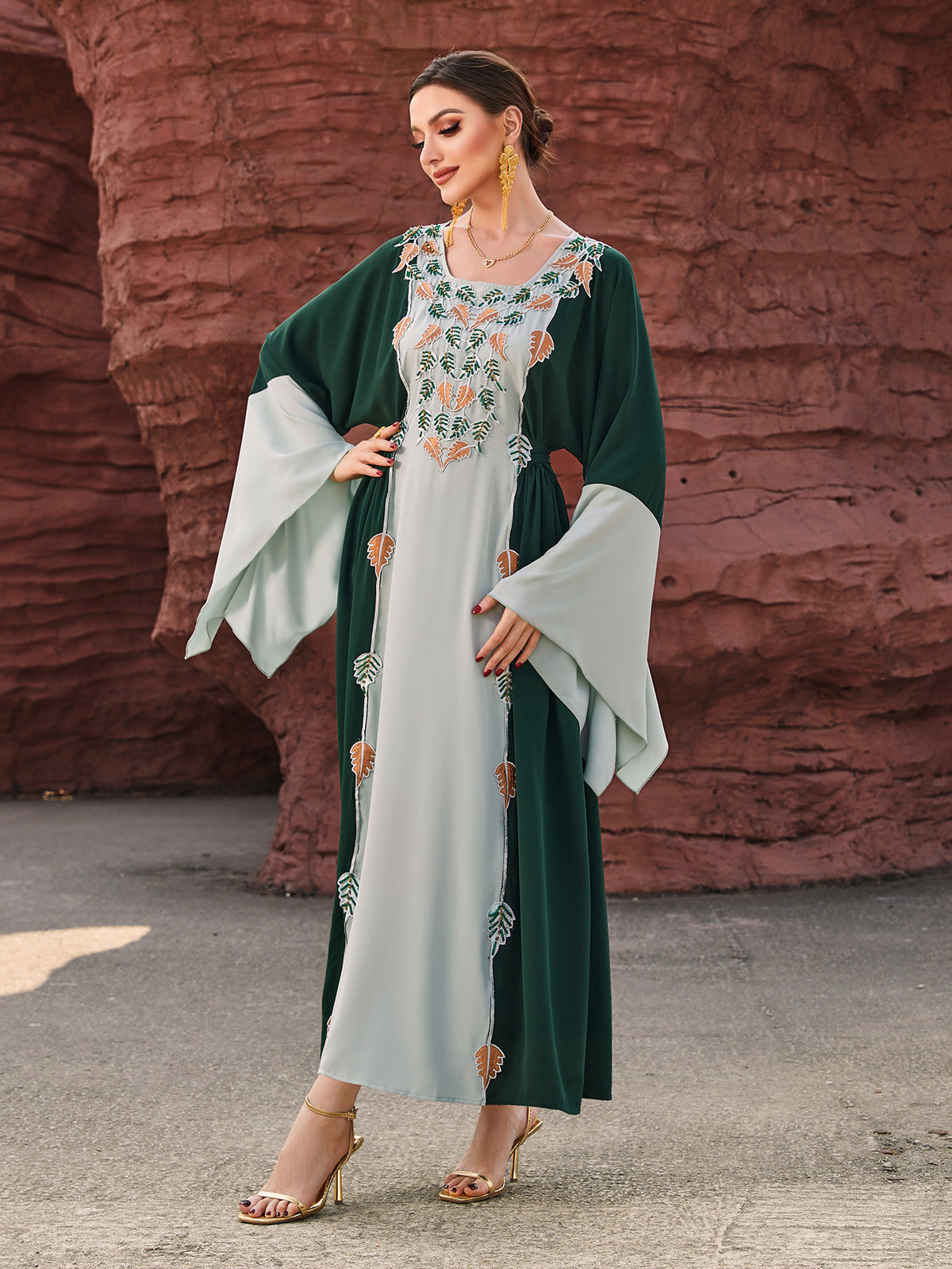 4119 Middle Eastern Style Green Light Green Colorblock Leaf Embroidered Belted Loose Sleeve Maxi Dress - Elegant Boho Decorated Gown