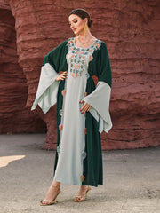 4119 Middle Eastern Style Green Light Green Colorblock Leaf Embroidered Belted Loose Sleeve Maxi Dress - Elegant Boho Decorated Gown