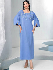 15166 new fog blue square neck loose hand-sewn diamond dress arabic robe