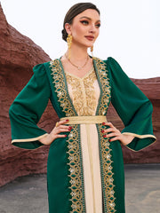 4088 Middle Eastern Style Green Beige Colorblock Gold Embroidered Long Sleeve Belted Maxi Dress - Elegant Contrast Decorated Gown