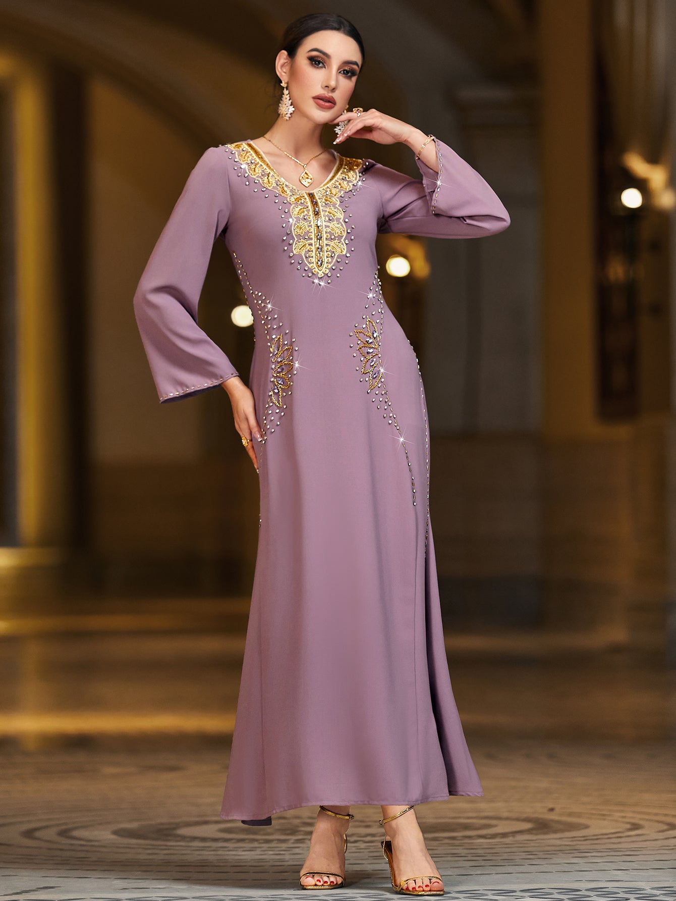 4089 Middle Eastern Style Purple Gold Embroidered Sequin Long Sleeve Maxi Dress - Elegant Sparkling Decorated Gown