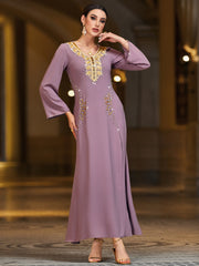 4089 Middle Eastern Style Purple Gold Embroidered Sequin Long Sleeve Maxi Dress - Elegant Sparkling Decorated Gown