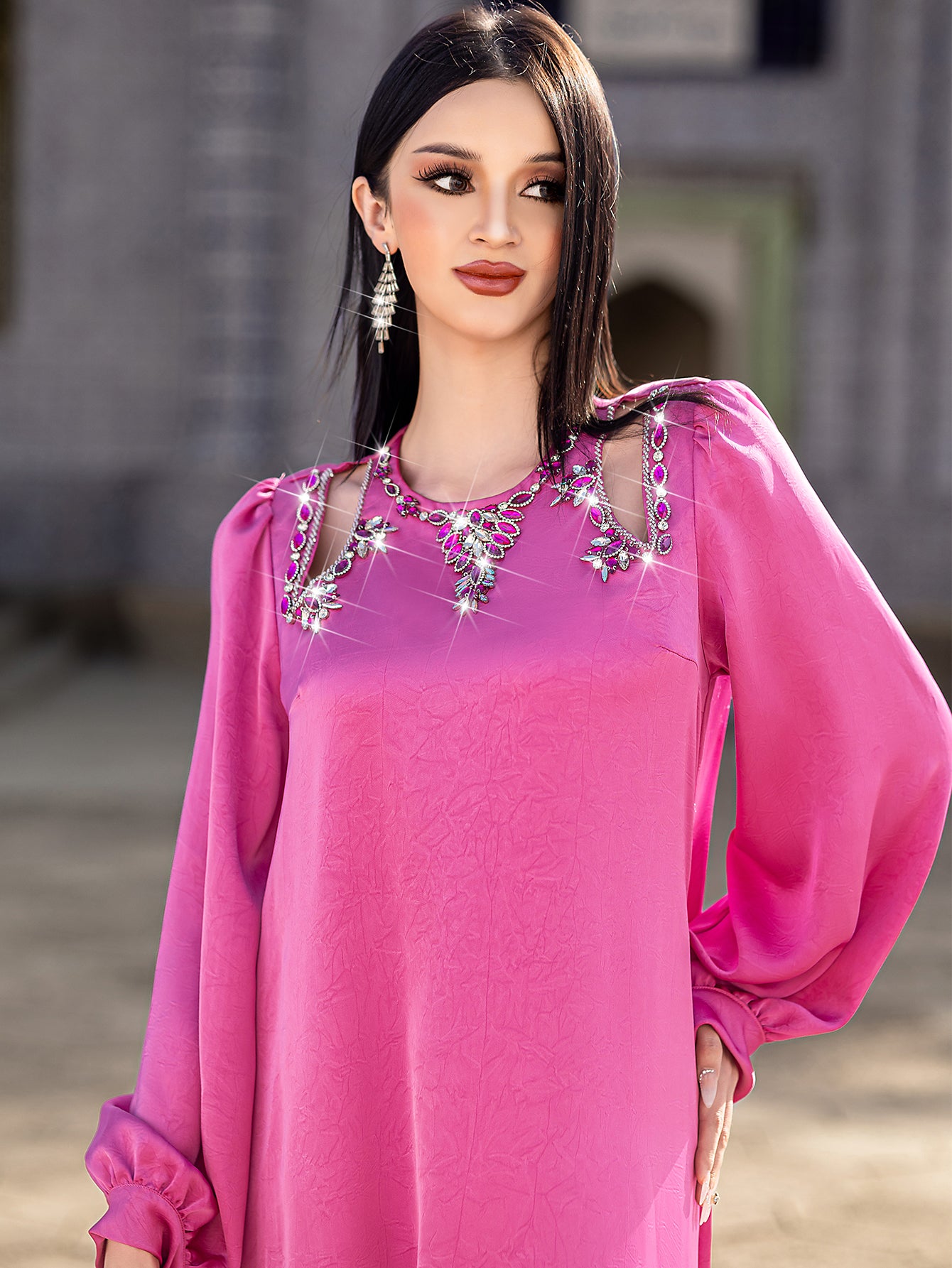 5203Rose Pink Arabic Abaya Dress | V-Neck Beaded Embroidery Gown with Draped Chains & Bell Sleeves