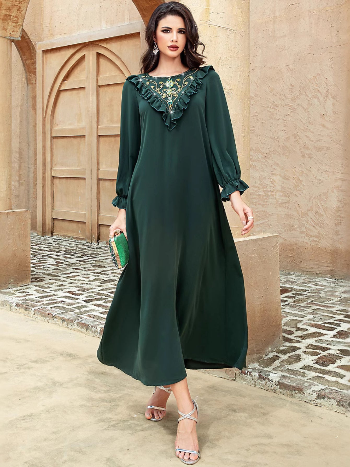 15153 dark green long-sleeved round neck ruffle edge hand-sewn bead large size clothing