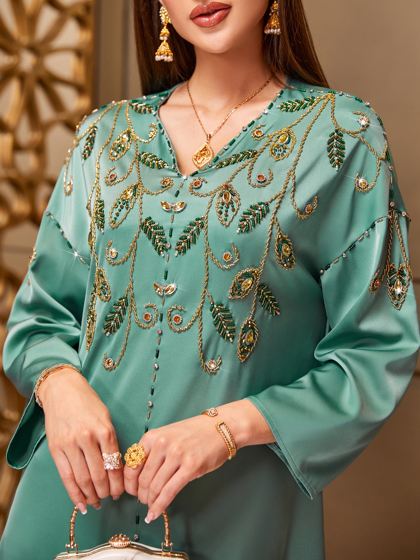 4047 Middle Eastern Style Turquoise Gold Embroidered Sequin 3/4 Sleeves Maxi Dress - Elegant Embellished Long Gown