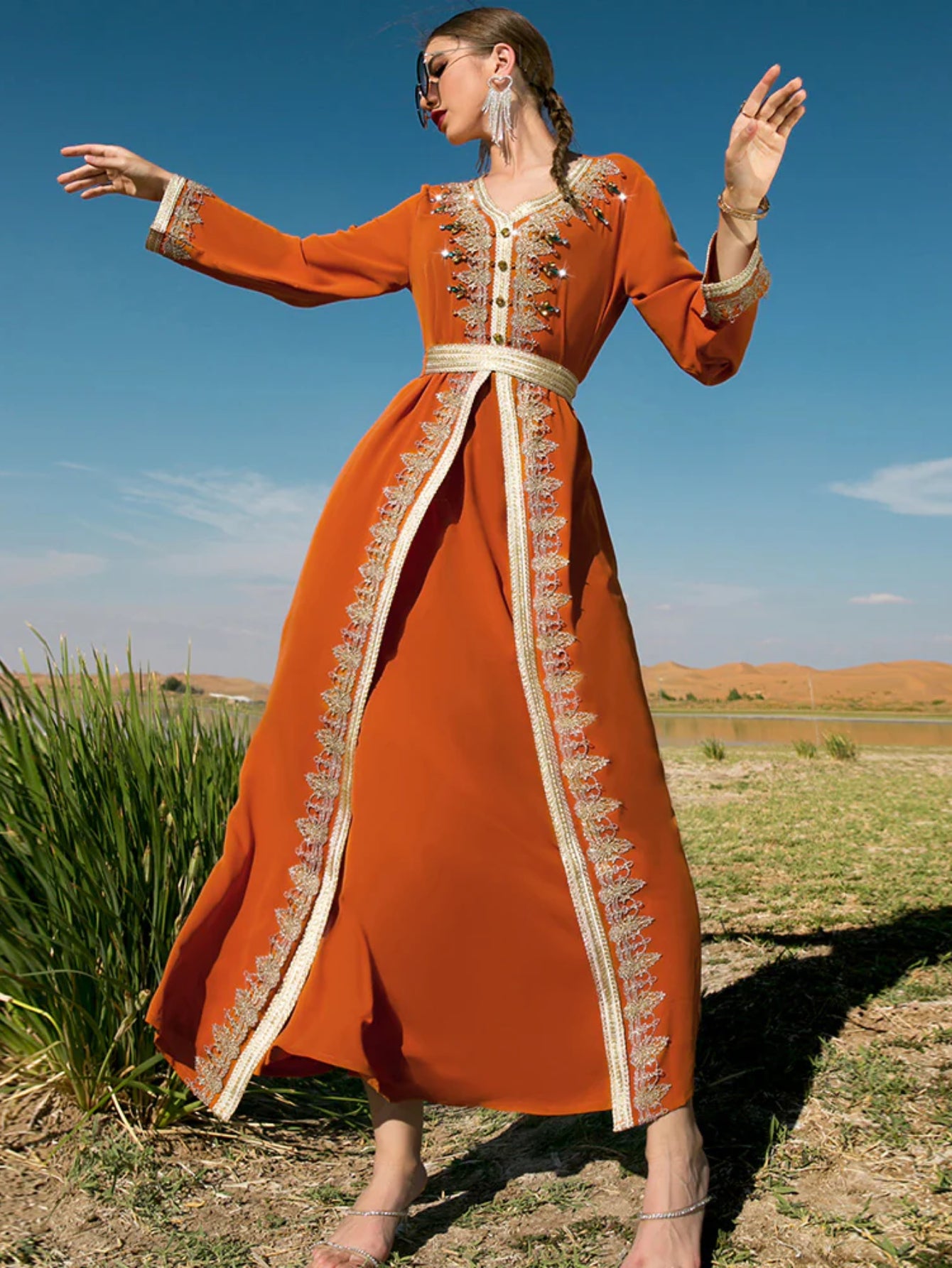 BA9028 new orange heavy industry hand-sewn diamond splicing lace fake two-piece dress Middle East travel dress
