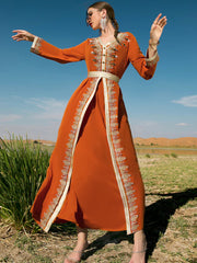 BA9028 new orange heavy industry hand-sewn diamond splicing lace fake two-piece dress Middle East travel dress