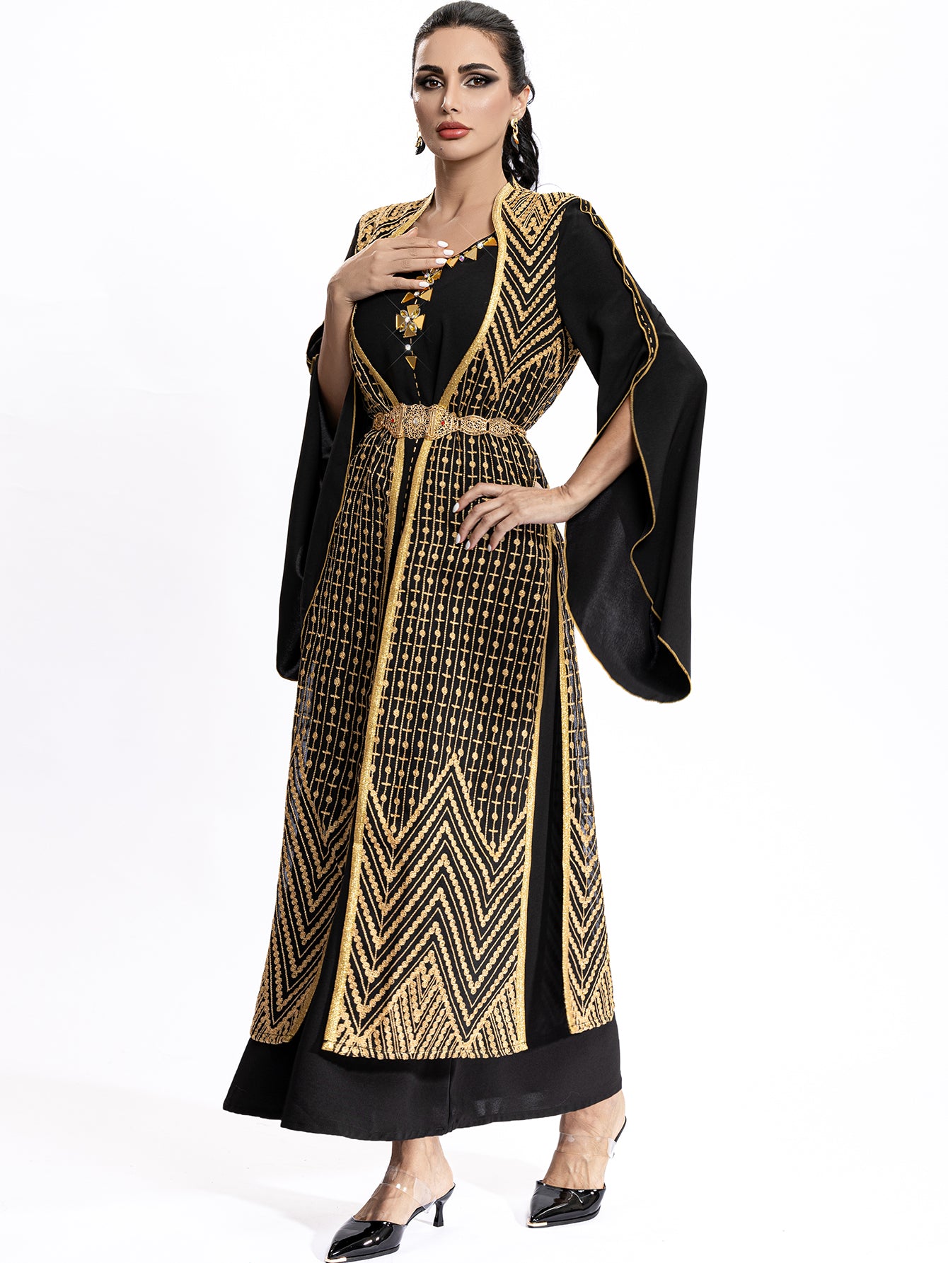 4036 Middle Eastern Style Black Gold Embroidered Pseudotwo-Piece Maxi Dress - Flared Sleeves Belted Elegant Gown