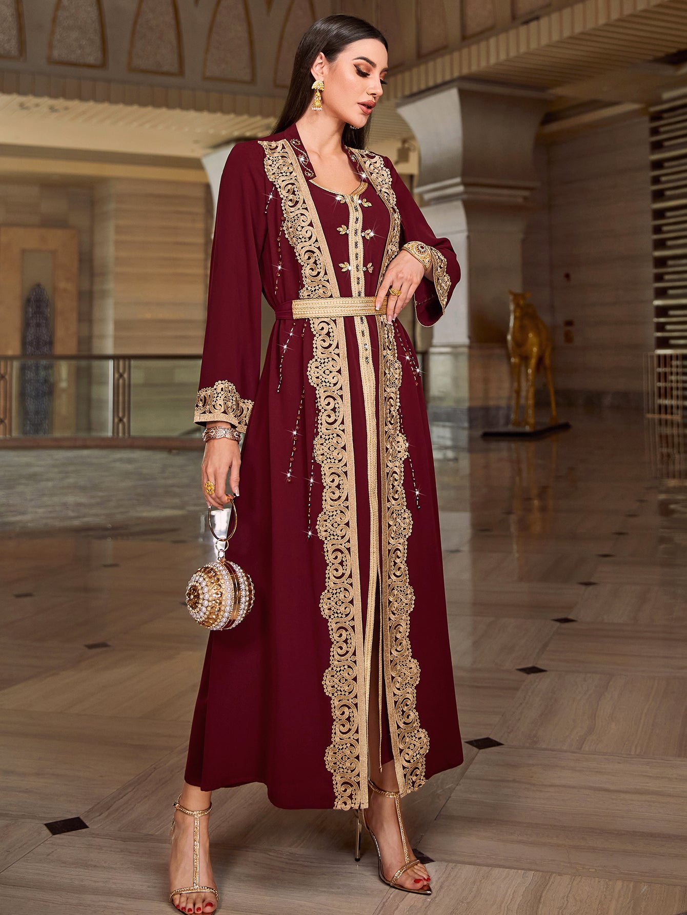 4023 Middle Eastern Style Burgundy Gold Embroidered Long Sleeve Maxi Dress - Elegant Lace-Trimmed Belted Gown