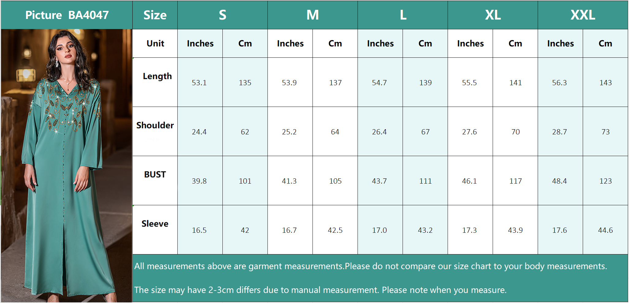 4047 Middle Eastern Style Turquoise Gold Embroidered Sequin 3/4 Sleeves Maxi Dress - Elegant Embellished Long Gown