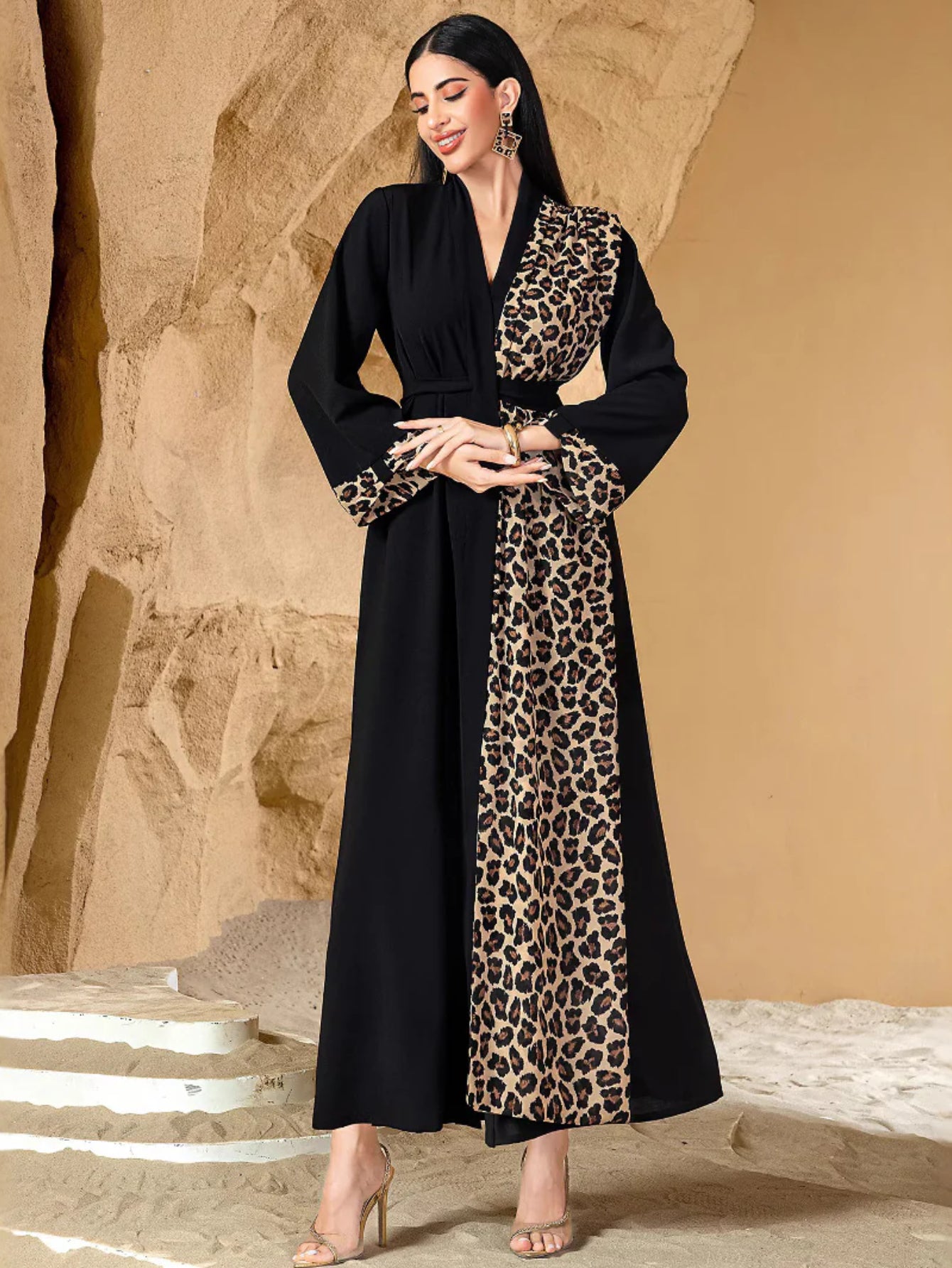 15146 Leopard print color matching dark V cardigan jacket with belt long, large size women's dress