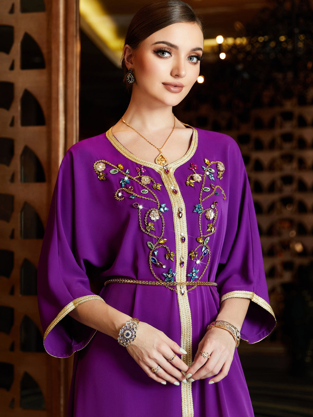 3004 Luxurious Dress in Middle Eastern Style adorned with Ribbon Embroidery and Shimmering Rhinestones