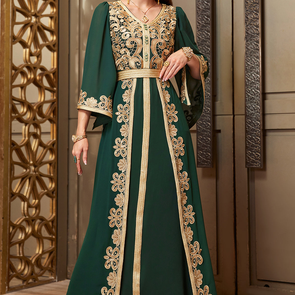 4118 Middle Eastern Style Dark Green Gold Floral Embroidered Bell Sleeves Belted Pseudotwo-Piece Maxi Dress - Elegant Ornate Decorated Gown