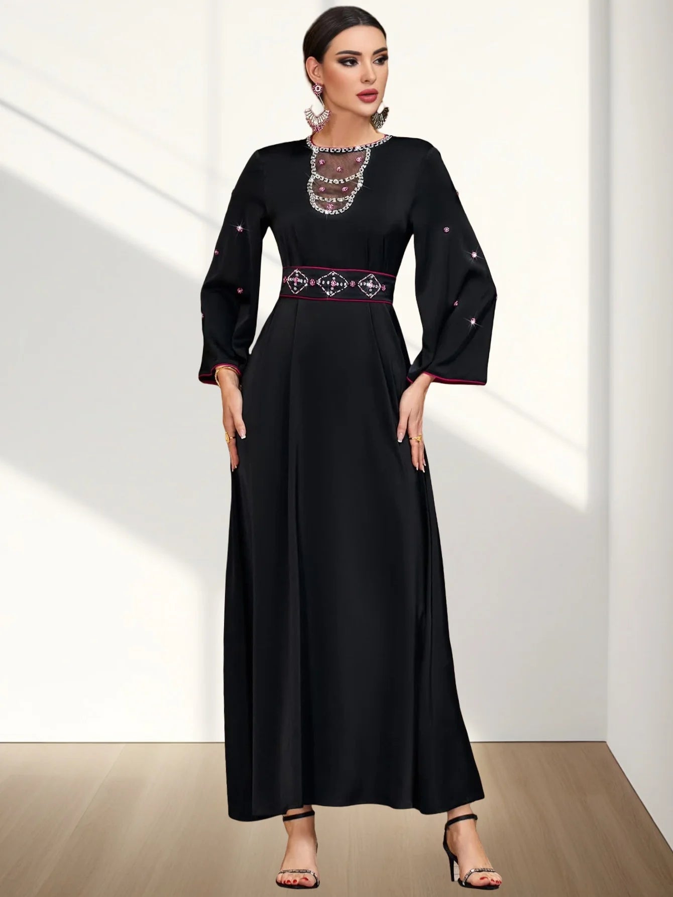 BA4062 Black Satin Splicing Mesh Hollow Collar Rhinestone Dress Robe