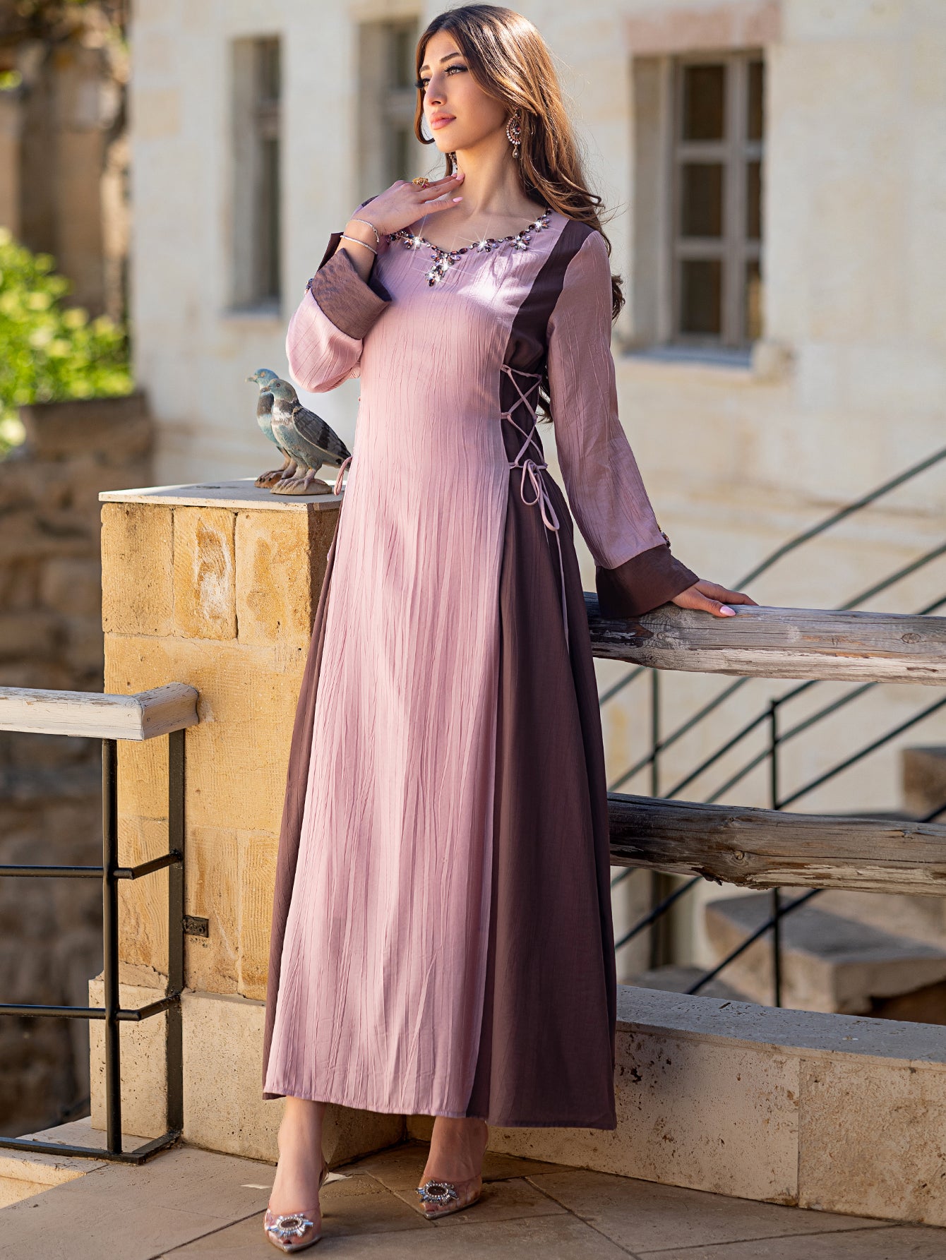 15046 Gorgeous Pink-Brown Abaya Dress – Delicate Bead Embellishments, Shine Brightly Even in Daily Outings