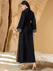 15146 Leopard print color matching dark V cardigan jacket with belt long, large size women's dress