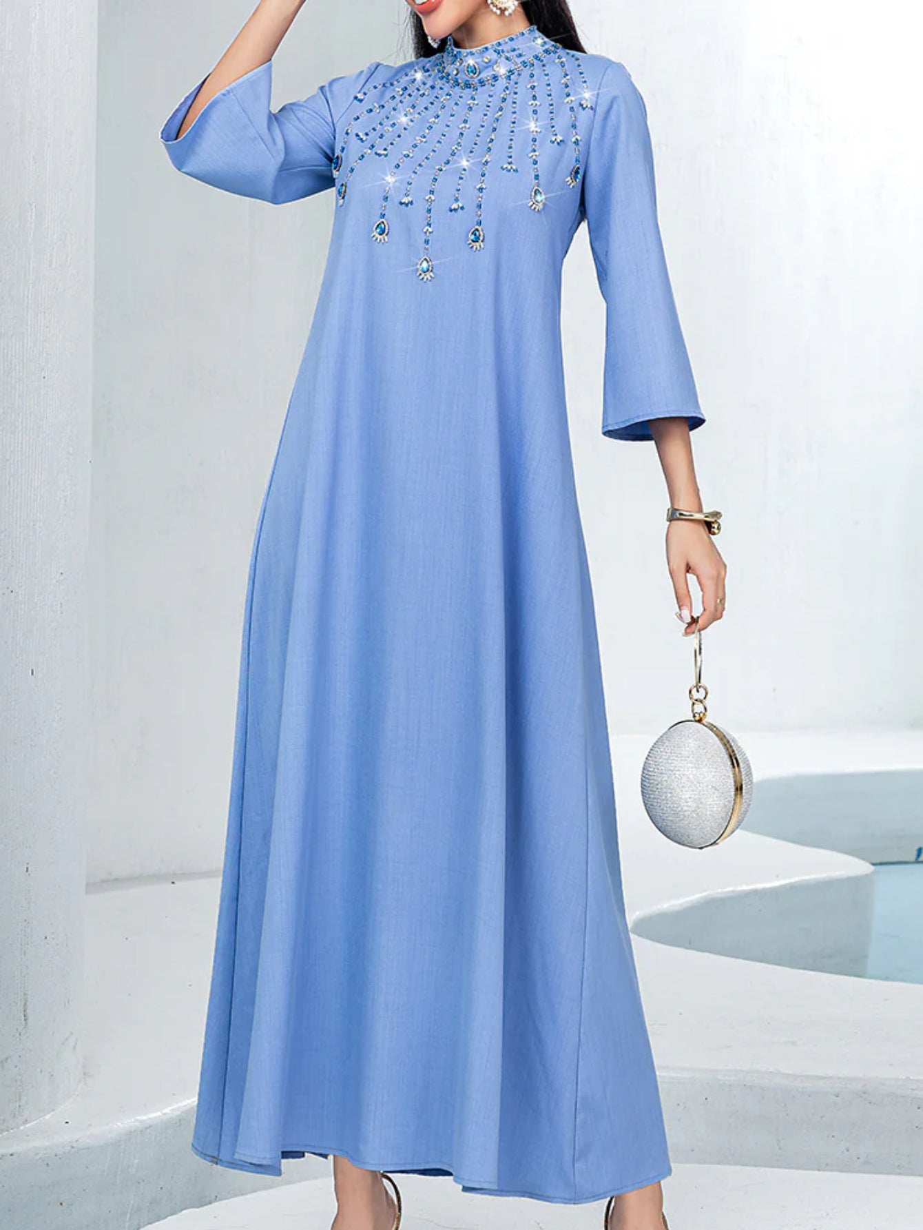15135 blue semi-turtleneck hand-sewn glass drill large size dress A-shaped skirt Middle East party dress