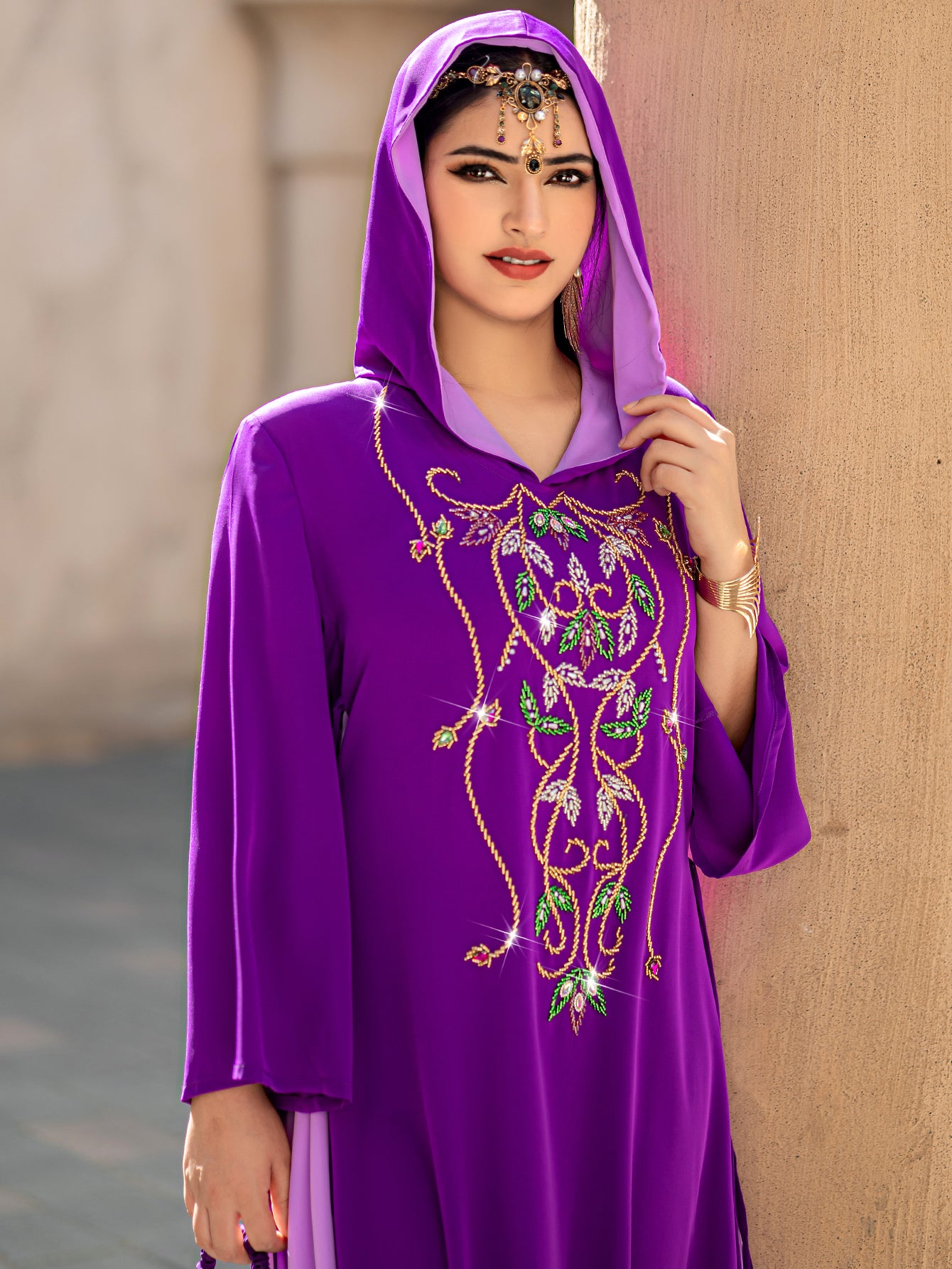 4008 Middle Eastern Style Purple Embroidered Hooded Maxi Dress - Sparkling Gold Green Decorated Long Gown
