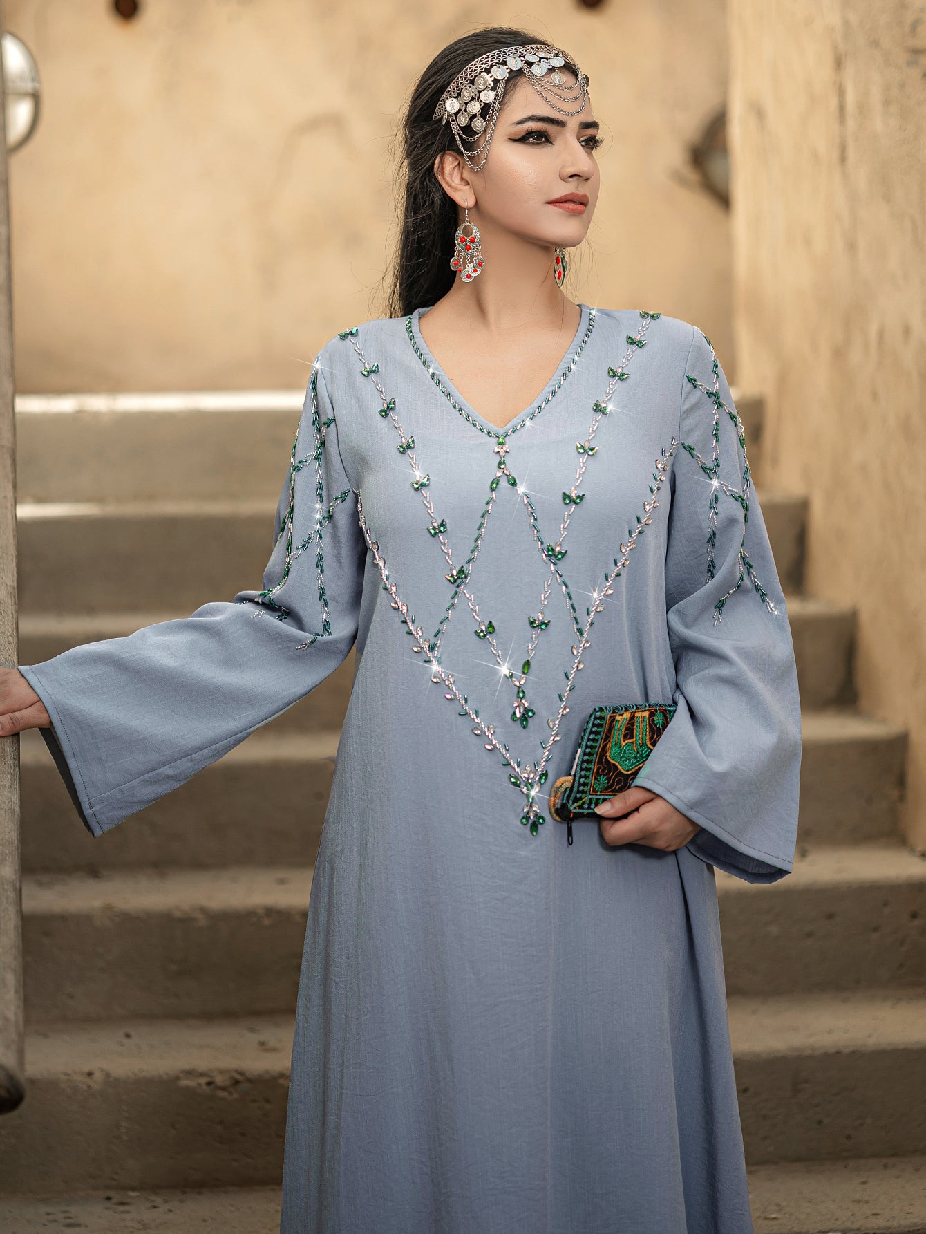 4124 Middle Eastern Style Light Blue Embroidered Loose Sleeve V-Neck Maxi Dress - Elegant Sparkling Decorated Gown