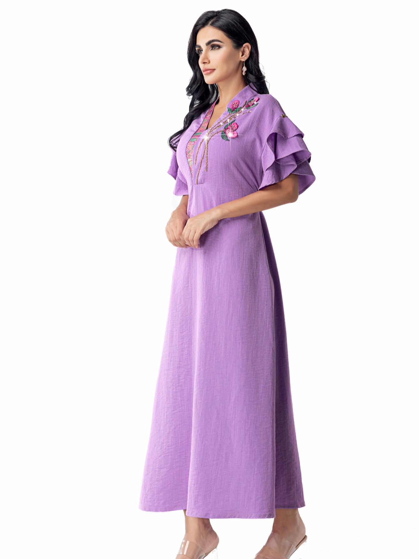 5110 abaya robe dress, floral beads shine, lotus leaf sleeves with waist design, a must for parties