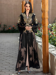 5228Arabic Two-Piece Abaya Dress | Black Sheer Embroidered Gown with Layered Silhouette