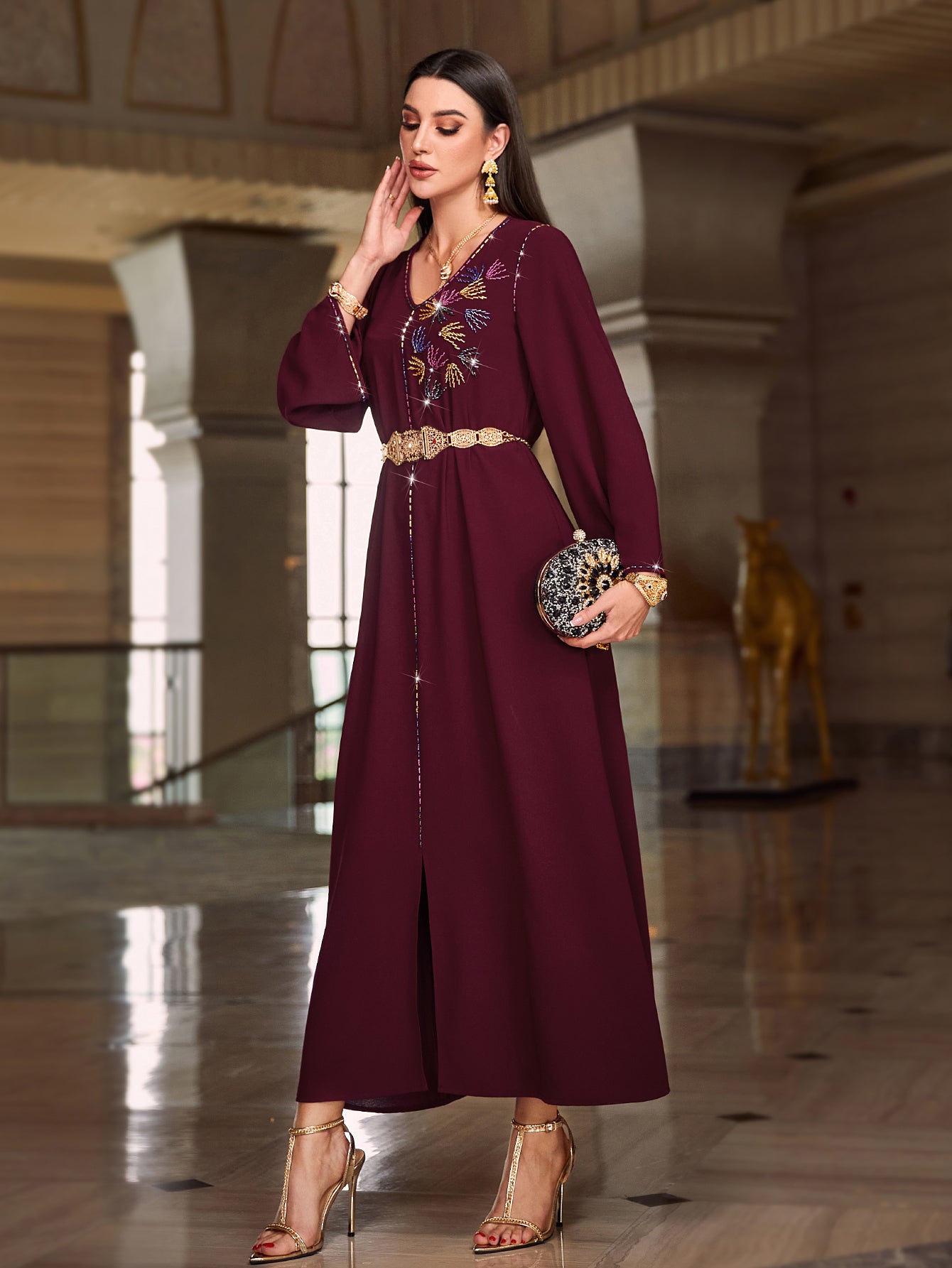 4126 Hand-Swen Bead Embellshments Rhinestone Long Abaya,  Elegant Modest Rmantic Glamorous Vacation Fantasy  Long Sleeve