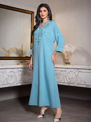 15136 A Must-Have for Detail Lovers! Dusty Blue Abaya Dress with Beaded Tassel Embellishments, Maximizing Delicate Appeal