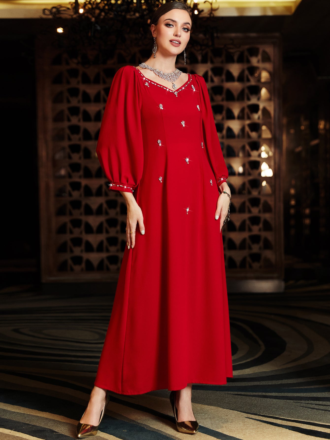 BA3054 Red Rhinestone Lantern-Sleeve Dress