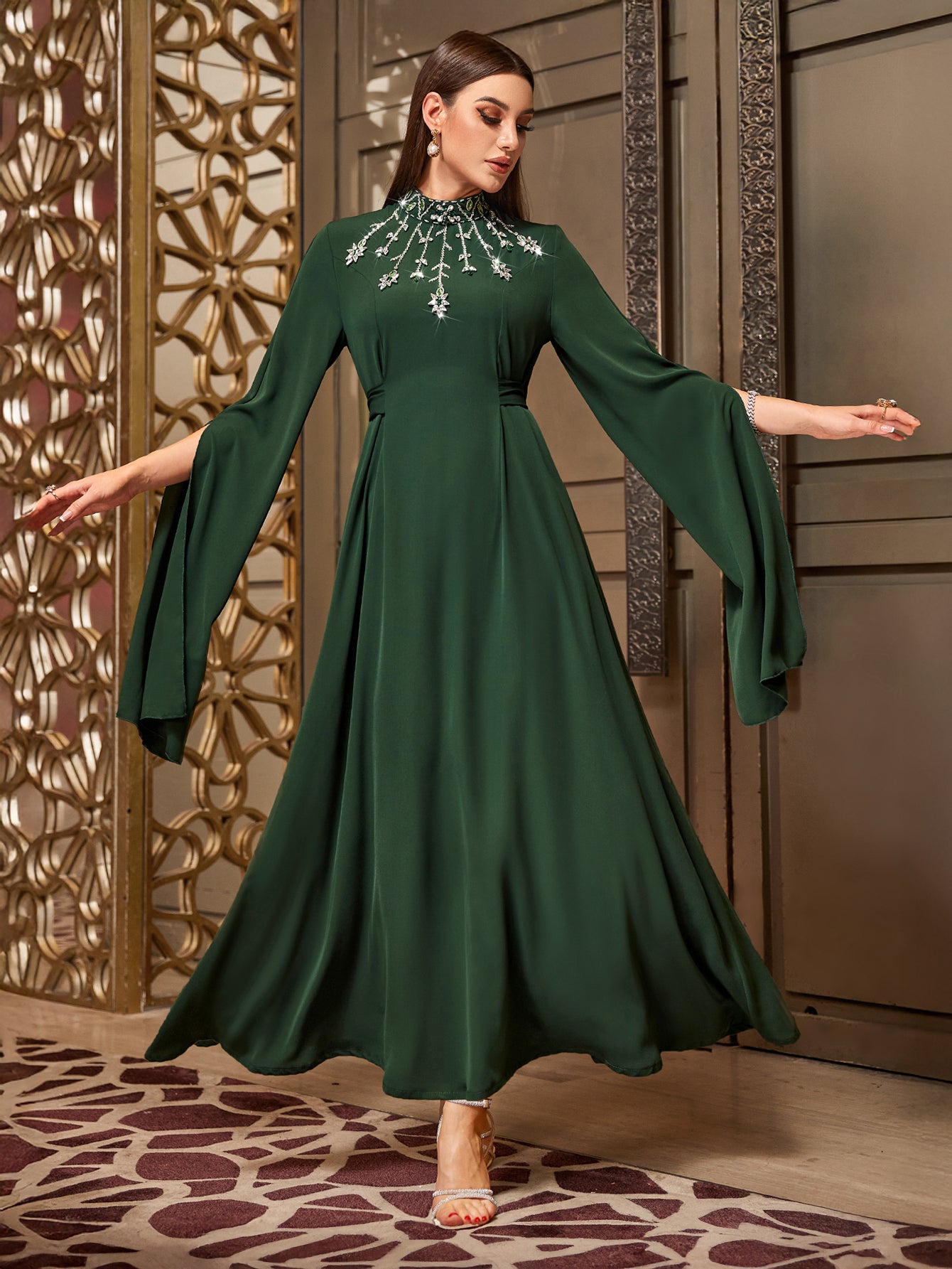 4035 Hand-Swen Bead Embellshments Rhinestone Long Abaya,  Elegant Modest Rmantic Glamorous Vacation Fantasy  Long Sleeve