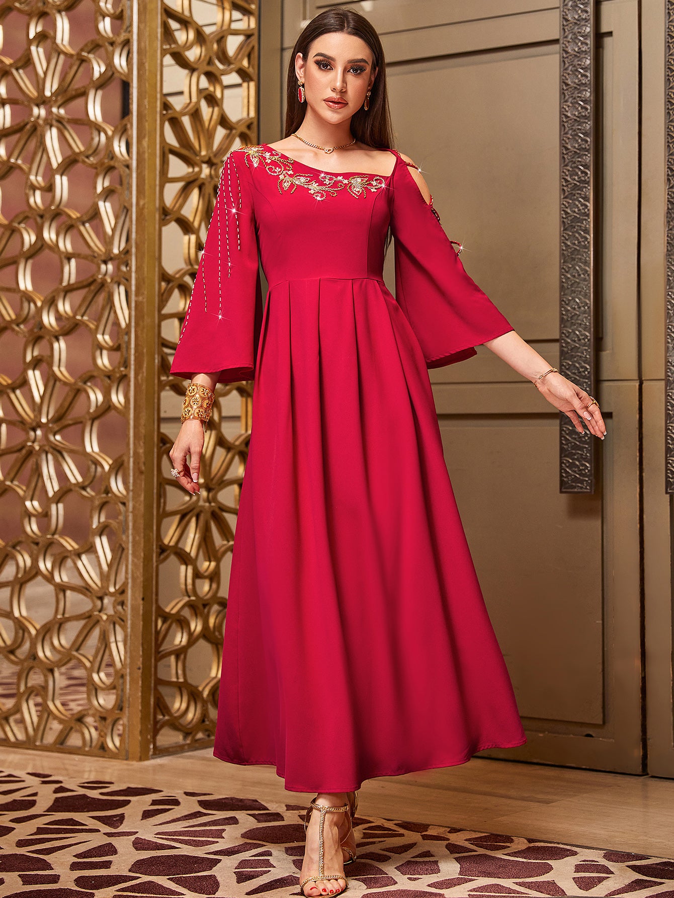 4017 Hand-Swen Bead Embellshments Rhinestone Long Abaya,  Elegant Rmantic Glamorous Vacation Fantasy Long Sleeve