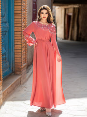 15179 Glamorous Coral Red Abaya Dress – Tassel Beadwork & Waist-Tie Design, Perfect for Festive Events & Grand Occasions