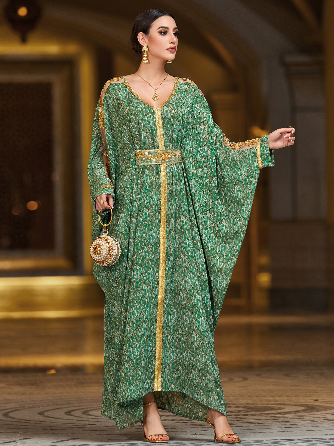 4134 Hand-Swen Bead Embellshments Rhinestone Long Abaya,  Elegant Rmantic Glamorous Vacation Fantasy Long Sleeve