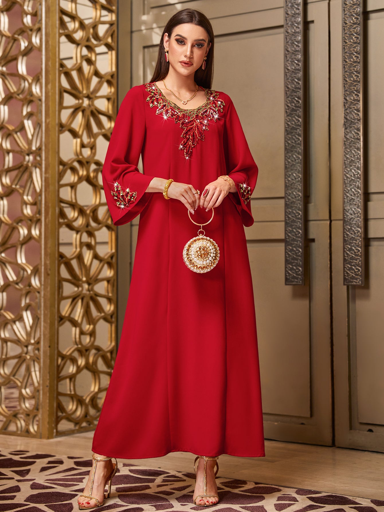 4056 Hand-Swen Bead Embellshments Rhinestone Long Abaya,  Elegant Modest Rmantic Glamorous Vacation Fantasy  Long Sleeve