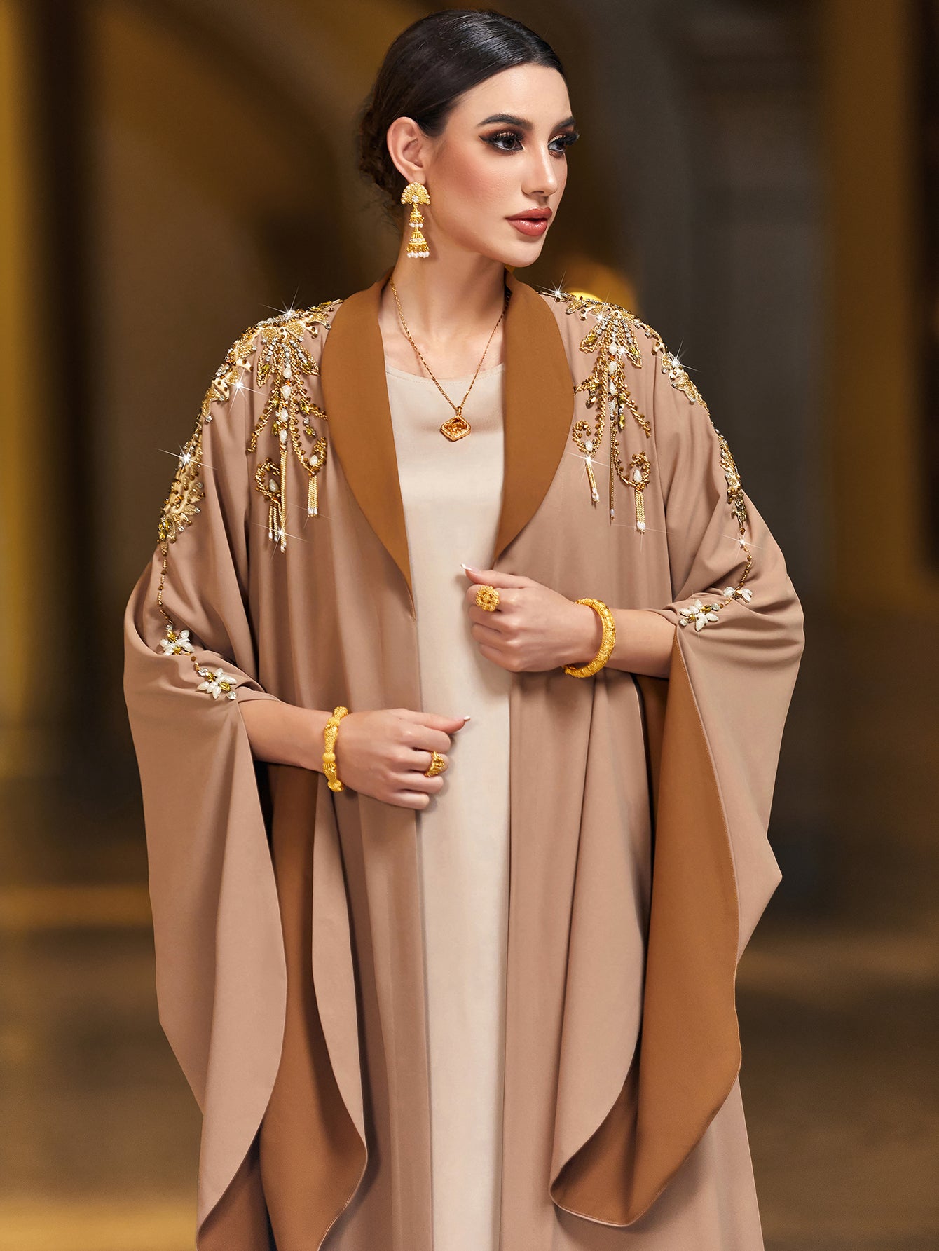 4149 Hand-Swen Bead Embellshments Rhinestone Long Abaya,  Elegant Rmantic Glamorous Vacation Fantasy Long Sleeve